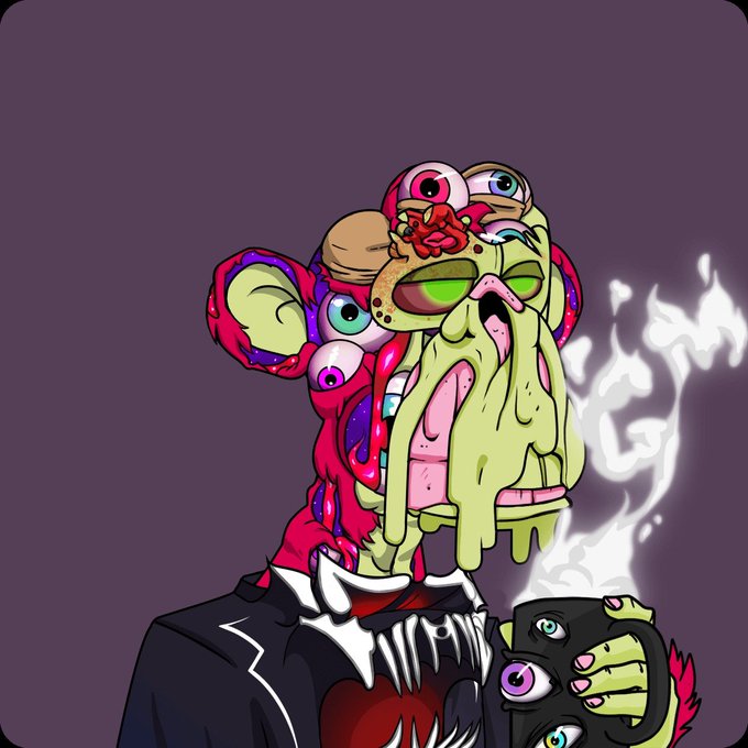 A surreal, grotesque illustration of a melting, multi-eyed character with green slime dripping from its face, wearing a black suit and holding a smoking, eye-covered mug against a purple background.