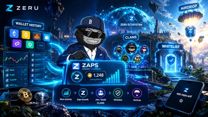 A promotional graphic for 'ZERU' cryptocurrency, featuring a cartoon bear character in a suit and cap, surrounded by UI elements for Wallet History, ZAPS, CLANS, WHITELIST, and an AIRDROP.