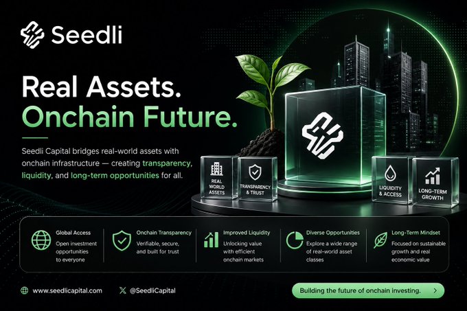 A promotional graphic for Seedli with the text 'Real Assets. Onchain Future.' detailing their service that bridges real-world assets with onchain infrastructure, featuring icons for Global Access, Transparency, Liquidity, and Growth.