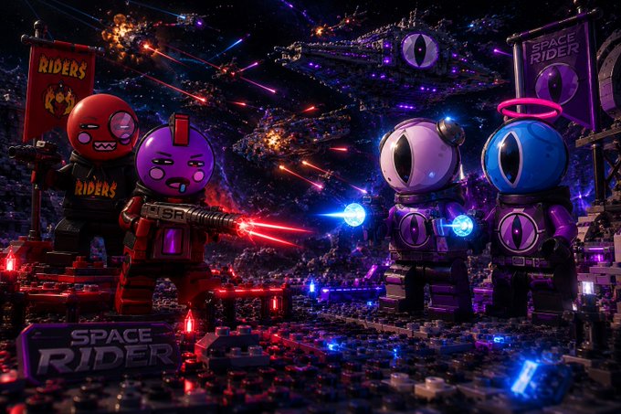 A 3D rendered scene of toy-like figures battling in a Lego-style space arena, with banners reading 'RIDERS' and 'SPACE RIDER', and a 'SPACE RIDER' logo in the corner.