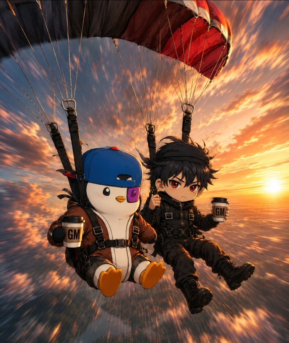 An anime-style illustration of a dark-haired character and a penguin wearing a blue cap skydiving together at sunset, both holding 'GM' coffee cups.