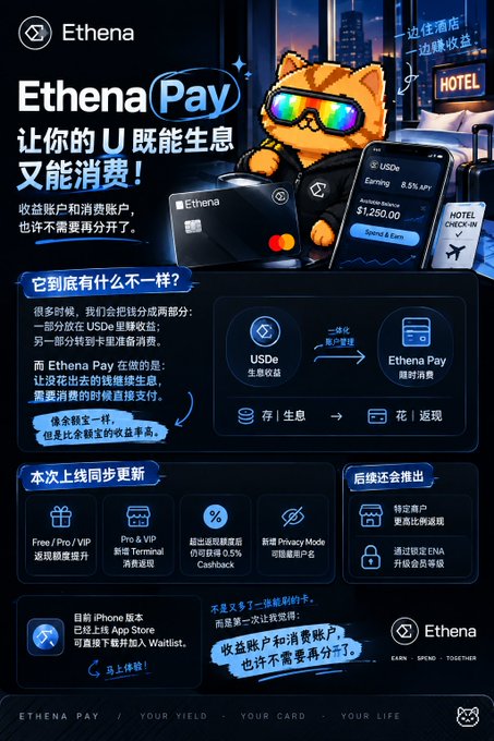 A promotional graphic for 'Ethena Pay' featuring a pixelated orange cat mascot, advertising a product that allows users to earn yield on USDe and spend it, with sections in Chinese explaining features like 8.5% APY earning and hotel check-in functionality.