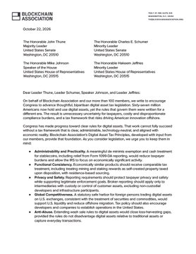 A Blockchain Association document lists government officials attending “Blockchain Association October 20, 2026,” including names such as John Thune, Chuck Schumer, Mike Johnson, and Ted Cruz.