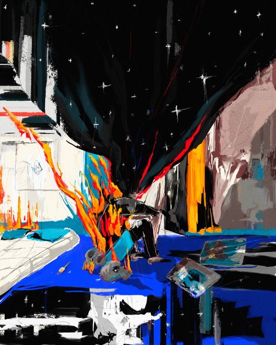 An abstract painting with vibrant orange, blue, and black brushstrokes on a dark, starry background, featuring scattered glass shards and a metallic object in the foreground.