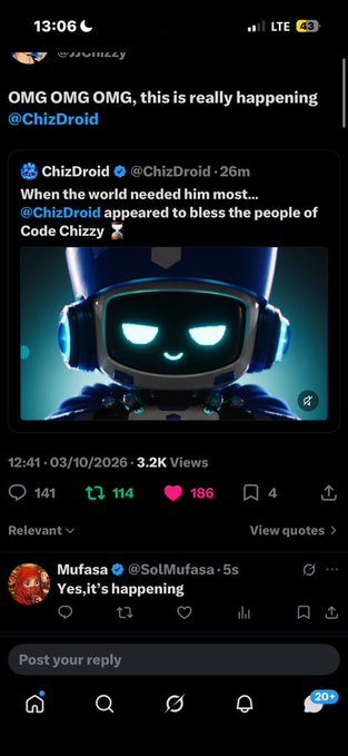 A screenshot of a social media post from ChizDroid showing an image of a small blue robot character with glowing eyes, with replies and engagement metrics visible.