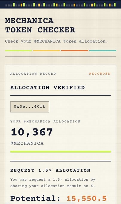 A 'MECHANICA TOKEN CHECKER' interface showing an allocation of 10,367 $MECHANICA tokens for a partially visible wallet address, with a potential 1.5x allocation of 15,550.5.