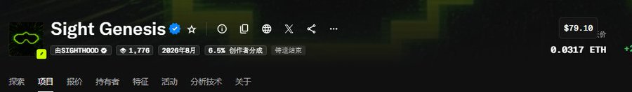 A screenshot of the NFT collection 'Sight Genesis' priced at $79.10 (~0.0317 ETH) on a marketplace interface.