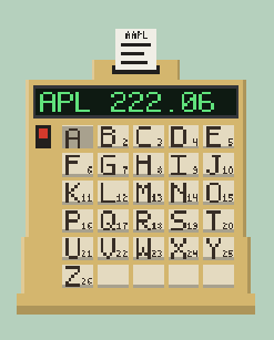 A pixel art illustration of a vintage Apple computer monitor displaying 'APL 222.06' with a QWERTY keyboard featuring alphabetical letter values.