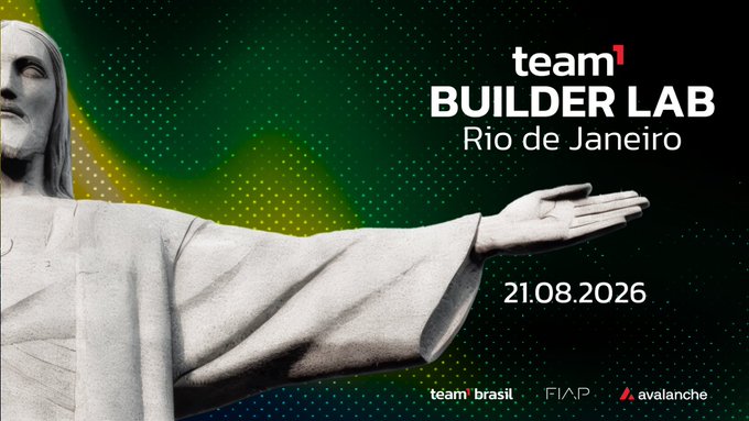 Promotional banner for Team1 Builder Lab Rio de Janeiro on 21.08.2026, featuring the iconic Christ the Redeemer statue, with logos for team1 Brasil, FIAP, and Avalanche, advertising the Avalanche introduction session and hands-on workshop mentioned in the post.