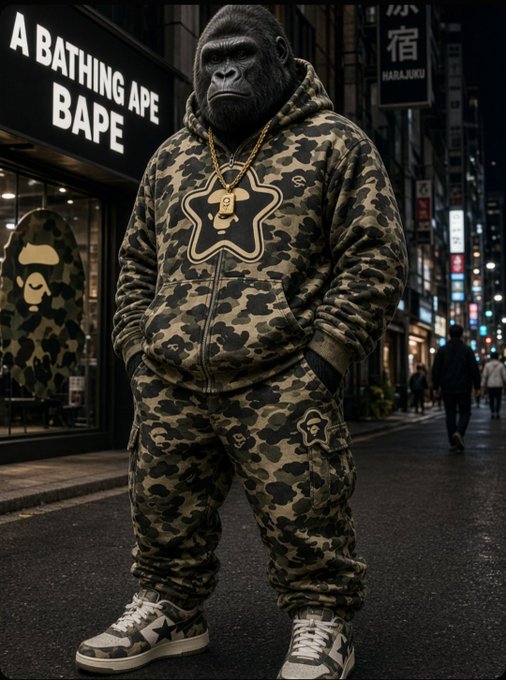 An AI-generated image of a gorilla wearing a BAPE camouflage tracksuit and gold chain, standing in front of an 'A BATHING APE BAPE' store in Tokyo.