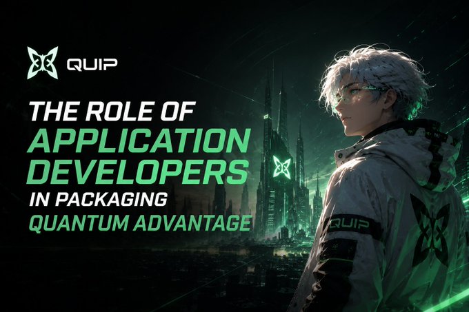 The image features a man wearing a white jacket with black designs, standing against a dark background that includes buildings and neon lights. The text "Quip @quip network" is written above him, indicating his role as an application developer at Quip Network. The image also contains a quote from the post about how application developers need to package their computing power for maximum impact.