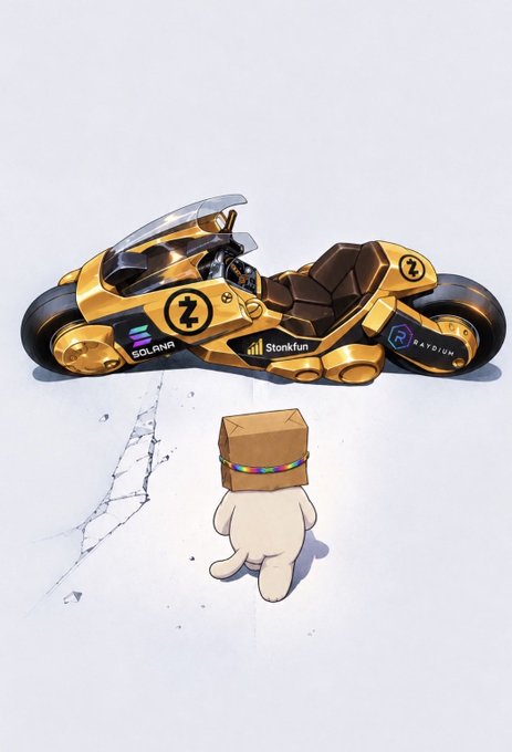 The image is a digital illustration showing a small, white, box-headed character wearing a rainbow-beaded necklace facing a futuristic gold motorcycle. The motorcycle features sponsor decals for 'SOLANA', 'Stonkfun', and 'RATIDIUM' alongside a stylized 'Z' logo.
