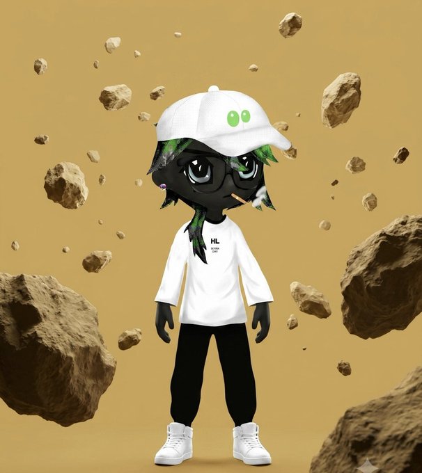 A 3D-rendered, chibi-style character with dark skin, green hair, a white cap with green dots, a white shirt with 'HL.' printed on it, and black pants, standing in front of floating brown rocks against a tan background.