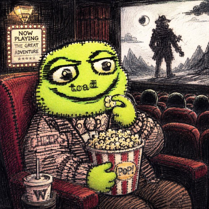 An illustration of a green stitched-face character with 'toad' tattooed on its lip, wearing a patched suit and eating popcorn in a movie theater, with a film screen showing 'NOW PLAYING THE GREAT ADVENTURE'.
