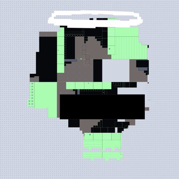 A pixel art or texture mapping visualization showing a circular object with black, gray, and mint green sections arranged in a grid pattern.