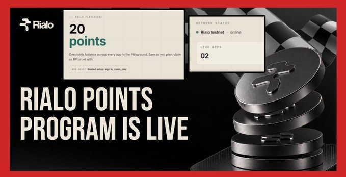 A promotional graphic announces the launch of the "Rialo Points Program," featuring the Rialo logo alongside interface elements showing "20 points" and "02 Live Apps," with stacks of metallic Rialo-branded coins beside bold text declaring "RIALO POINTS PROGRAM IS LIVE," which aligns with the post's news about the 20-point reward system going live for new users.