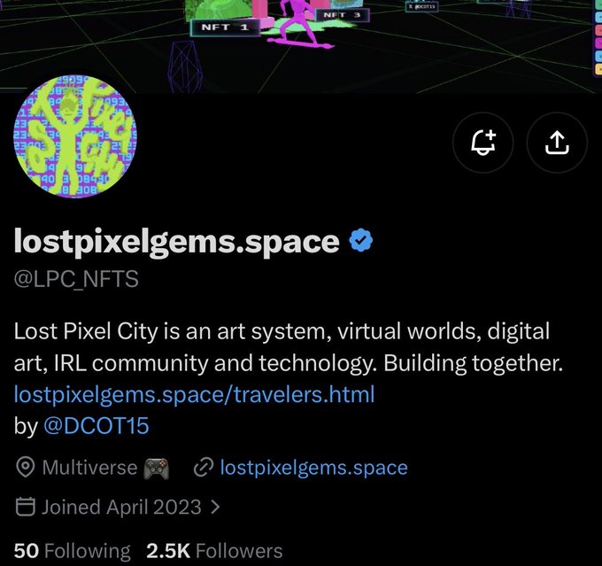 A profile screenshot for 'lostpixelgems.space' (@LPC_NFTS) on X.com, describing 'Lost Pixel City' as 'an art system, virtual worlds, digital art, IRL community and technology', with '2.5K Followers'.
