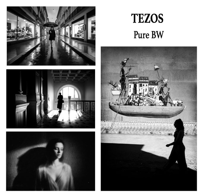 A black-and-white photography collection titled "TEZOS Pure BW" featuring four moody monochrome images: a figure with an umbrella in a corridor, a silhouetted woman by an arched window, a blurred portrait of a woman, and a person walking past a surreal mural of a boat with figures—all evoking the contemplative, artistic aesthetic celebrated on #TezosTuesday.