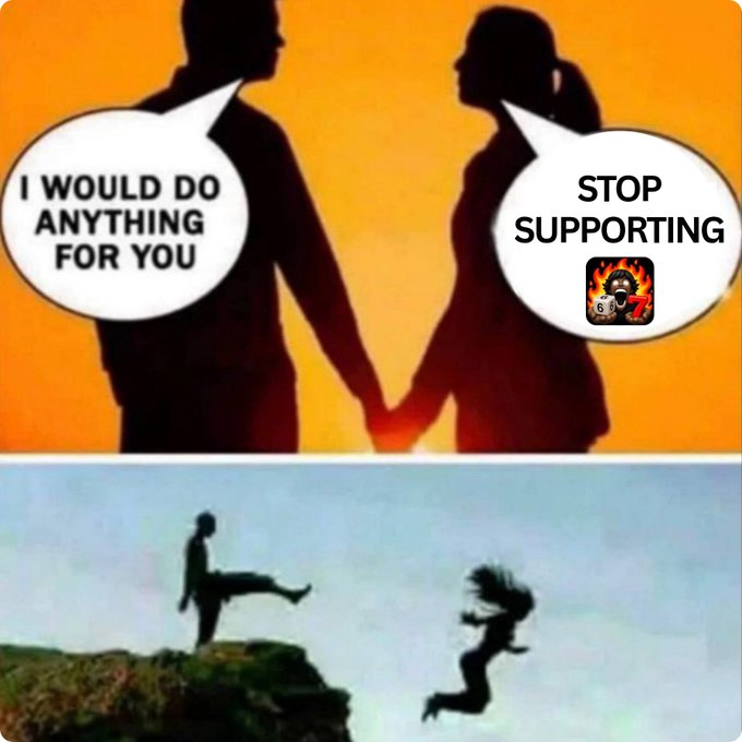 A two-panel meme shows silhouettes holding hands against a sunset with speech bubbles reading 'I WOULD DO ANYTHING FOR YOU' and 'STOP SUPPORTING' (with a Gorillaz app icon), while the bottom panel depicts one silhouette kicking another off a cliff.
