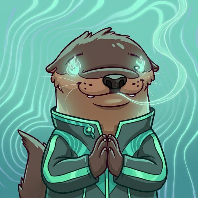 A digital illustration of an anthropomorphic otter character with glowing teal eyes wearing a teal and black tracksuit, hands pressed together in a praying or meditative pose against a swirling teal background.