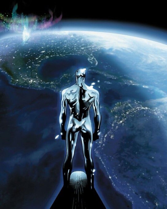 A silver humanoid figure stands on a spire overlooking Earth from space, with the aurora visible in the background.