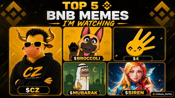 The image is a graphic titled "TOP 5 BNB MEMES I'M WATCHING," featuring five meme coin tokens on the BNB Chain: $CZ (depicted as a cow wearing sunglasses with "CZ Crypto for Gen Z" text), $BROCCOLI (a German Shepherd), $4 (a yellow hand emoji), $MUBARAK (a figure in traditional Middle Eastern attire), and $SIREN (a fairy-like character), credited to @Okada_DefiOx. The graphic visually supports the post's commentary on a potential new BNB meme season, highlighting the specific tokens the author is monitoring despite missing some earlier pumps.