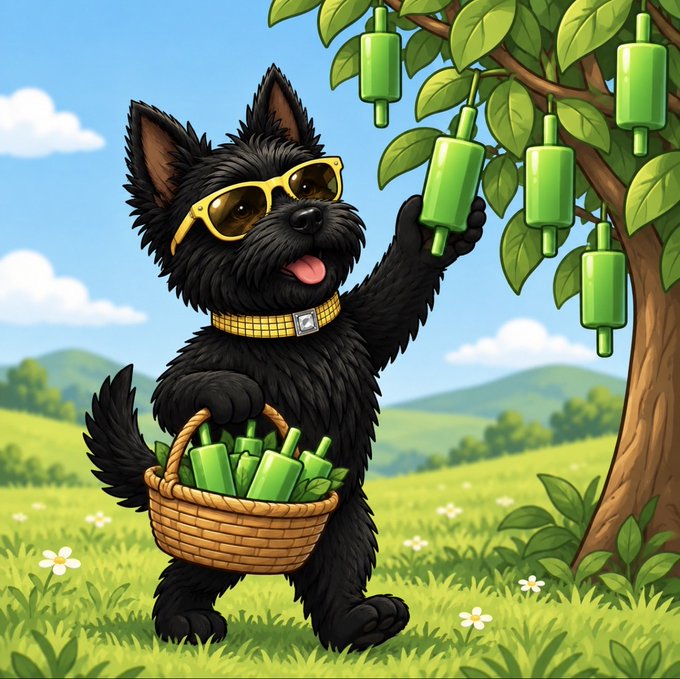 A cartoon illustration of a black terrier dog wearing yellow sunglasses, carrying a basket of green popsicles and picking popsicles from a tree in a grassy field.