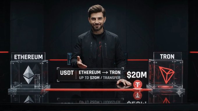 A promotional graphic features a man standing between displays labeled 'ETHEREUM' and 'TRON', advertising a 'USDT ETHEREUM → TRON' transfer service for up to '$20M'.