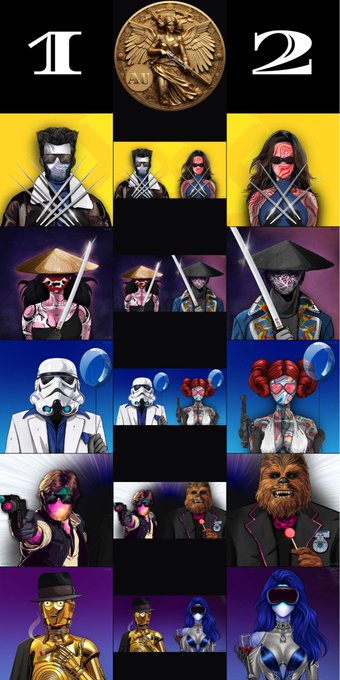 A vertically arranged collage of various pop culture characters reimagined in suits with sharp, blade-like accessories, set between stylized '1' and '2' graphics and a gold coin.