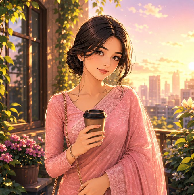 An anime-style illustration of a dark-haired woman in a pink outfit holding a coffee cup on a balcony overlooking a city at sunset, surrounded by flowers and greenery.