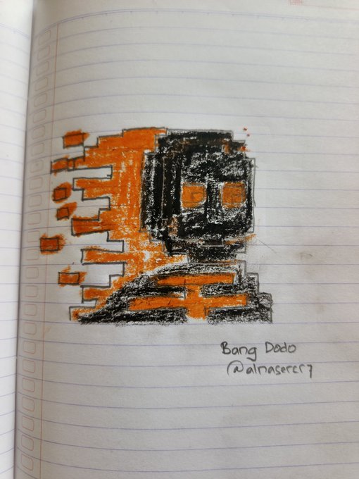 A hand-drawn pixel art illustration on lined notebook paper depicting a character in orange and black with the text 'Bang Dodo (Almasceri)' written below it.