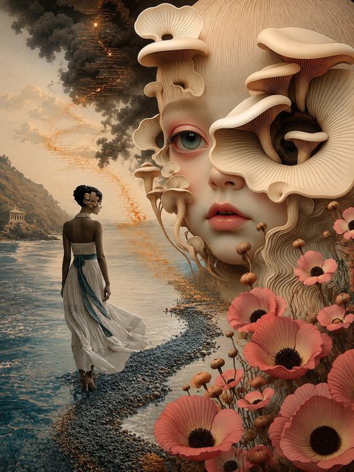 A surreal digital artwork depicts a monumental face composed of pale mushroom-like forms beside the sea, with a woman in a flowing dress, glowing orange particles, smoke, and pink flowers.