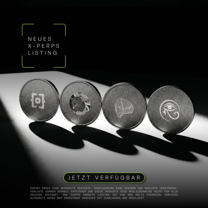 A promotional graphic in German announcing 'NEUES X-PERPS LISTING' (New X-Perps Listing) for four tokens, marked 'JETZT VERFÜGBAR' (Now Available), referencing Bitfinex/Europe Markets.