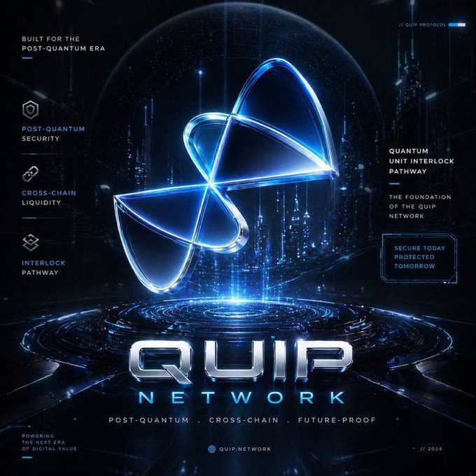 A futuristic tech-style advertisement for "QUIP NETWORK" highlighting "BUILT FOR THE POST-QUANTUM ERA", "POST-QUANTUM SECURITY", "CROSS-CHAIN LIQUIDITY", "INTERLOCK PATHWAY", and "QUANTUM UNIT INTERLOCK PATHWAY" with the website "quip.network" and year "2024".