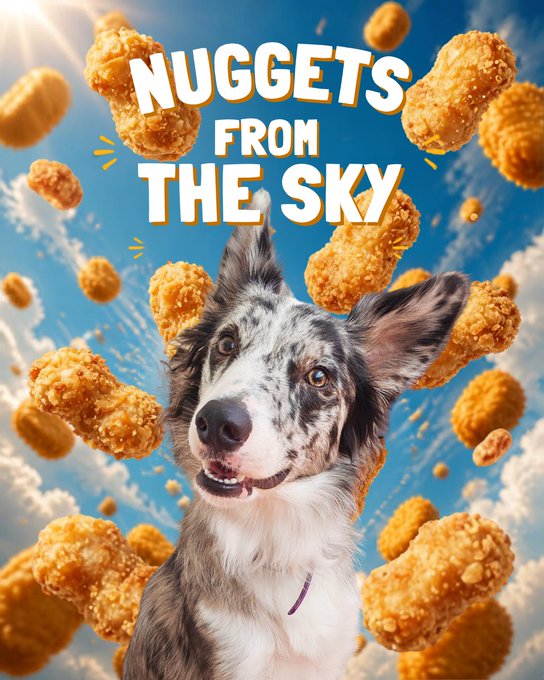 A humorous poster featuring a merle Border Collie surrounded by falling fried chicken nuggets against a blue sky, with the bold text 'NUGGETS FROM THE SKY'.