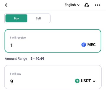 A screenshot of a cryptocurrency exchange interface showing a Buy option to receive 1 MEC in exchange for paying 9 USDT, with an amount range of 5-40.69.