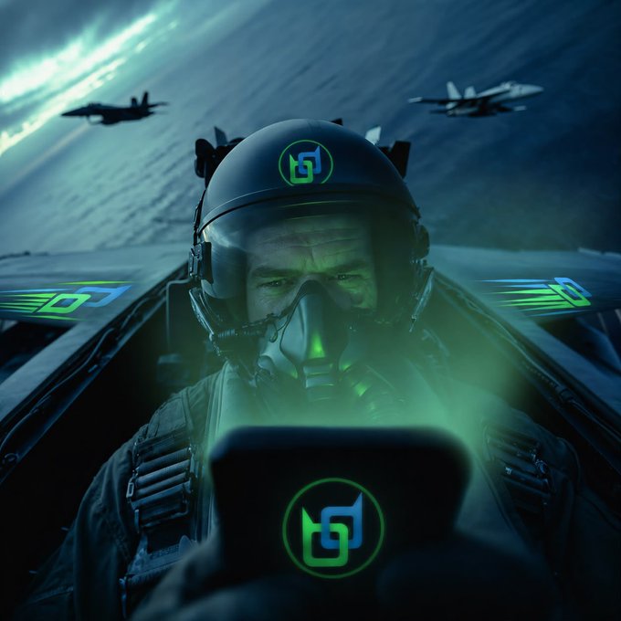 A cinematic digital illustration of a fighter pilot in a cockpit wearing a helmet and oxygen mask, with green glowing logos visible on the helmet and equipment, while two other fighter jets fly in the cloudy sky behind.