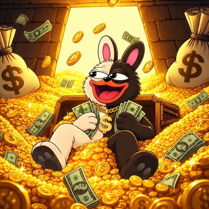 A cartoonish half-white, half-black bunny with a sly grin lounges in a treasure chest overflowing with gold coins, dollar bills, and money bags marked with dollar signs. The image of immense wealth ties into the $SOL airdrop post by symbolizing the riches users hope to gain by submitting their wallet addresses.