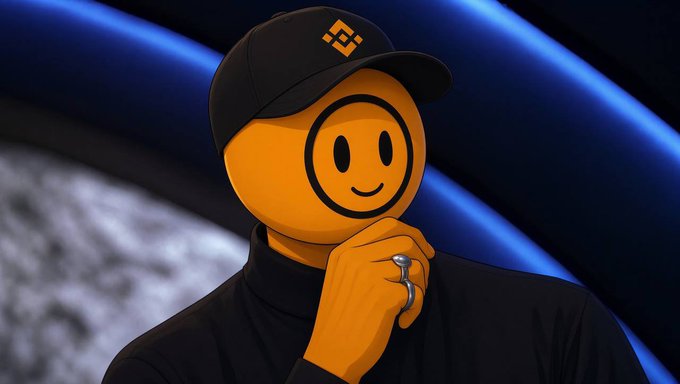 A person wearing a black cap with the Binance logo, their face replaced by an orange smiley emoji, posed against a blue-lit background.