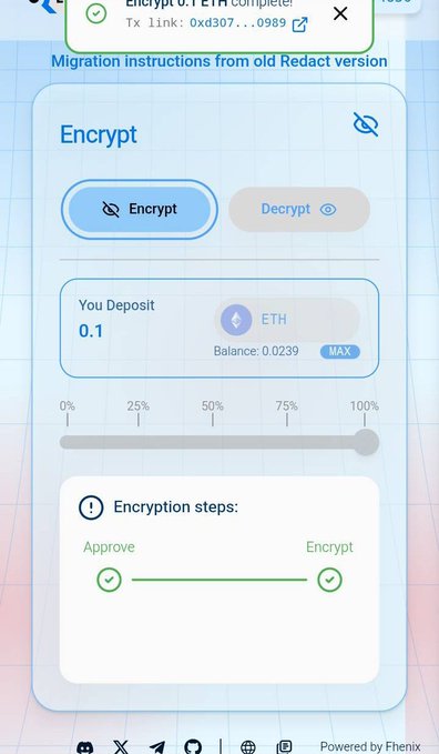 The image shows a screenshot of an app interface with a focus on a "Potential Fhenix Airdrop Opportunity" button, along with details about the project. The text next to the button indicates that this could be a privacy-first project, specifically an app related to Encryption and Decryption. The post also mentions that the app is powered by Fhenix, which might provide further context or background information about the app's features or functionality.