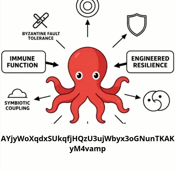 A diagram featuring a red octopus at the center with arrows pointing to concepts like 'IMMUNE FUNCTION', 'ENGINEERED RESILIENCE', and 'BYZANTINE FAULT TOLERANCE', above the text 'AYjyWoXqdxSUkqfjHQzU3ujWbyx3oGNunTKAKyM4vamp'.