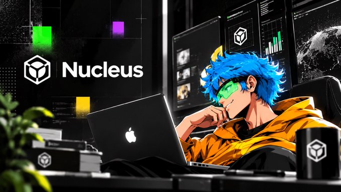 An illustration featuring the 'Nucleus' logo next to a blue-haired anime character wearing green goggles and a yellow hoodie, working on an Apple laptop with financial charts and a moon visible in the background.