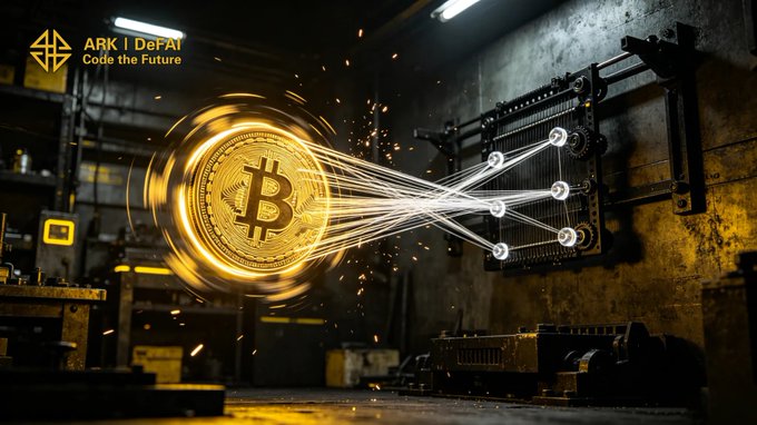 A glowing golden Bitcoin coin emits streams of light toward a mechanical wall device in a dark industrial workshop, with 'ARK | DeFAI Code the Future' text in the upper left corner.