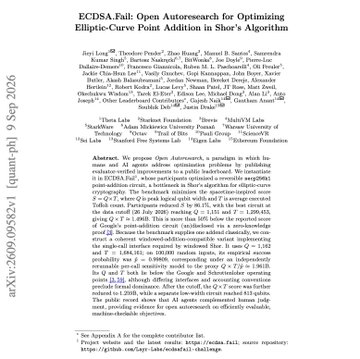 First page of a research paper titled 'ECDSA.Fail: Open Autoresearch for Optimizing Ellipse-Curve Point Addition in Shor's Algorithm' dated 9 Sep 2026, with numerous authors and affiliations listed.