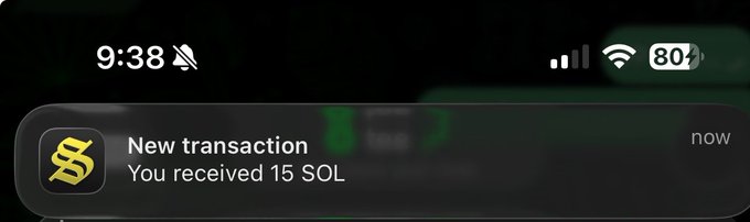 A smartphone notification banner shows 'New transaction - You received 15 SOL' at 9:38 with an 80% battery indicator.