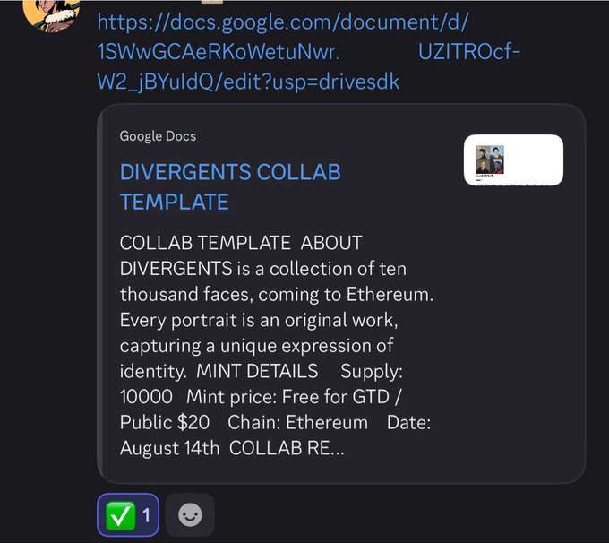 A Discord message containing a Google Doc link for a 'DIVERGENTS COLLAB TEMPLATE' describing a collection of ten thousand faces coming to Ethereum, with a free mint for GTD and $20 public price, launching August 14th.