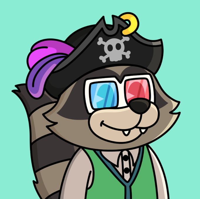 A cartoon raccoon wears a pirate hat with a skull and crossbones, a purple feather, and 3D glasses, smiling with two small fangs visible.