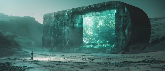 In the image, a person stands near an intriguing rock formation that resembles a cave or an underwater tunnel. The rock structure has a blue tint, which adds a unique visual element to the scene. As the person looks at this captivating structure from an outdoor vantage point, it appears as if they are standing in front of a large building.