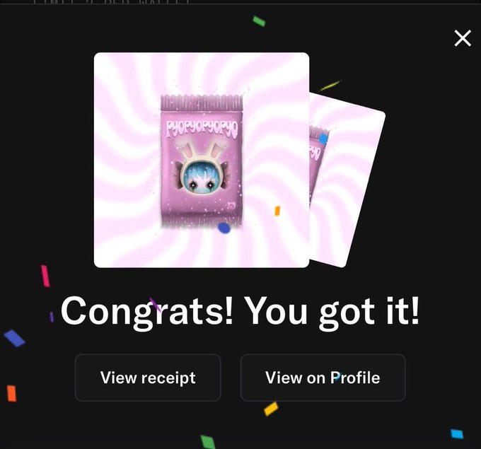 A "Congrats! You got it!" notification confirms a successful mint of a pink Pyopyopyo410 NFT sticker pack, with options to "View receipt" or "View on Profile" amid celebratory confetti. This directly illustrates the post's excitement about minting at the minimum price of 0.0014E while waiting for the reveal phase to push the floor price higher.