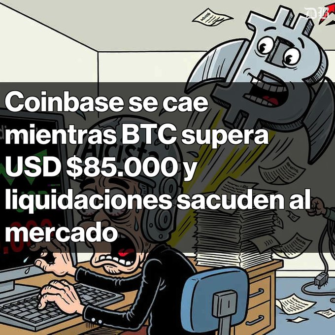 A cartoon illustration showing a panicked trader at a computer with a Bitcoin-themed character looming behind, with Spanish text reading 'Coinbase se cae mientras BTC supera USD $85.000 y liquidaciones sacuden al mercado'.